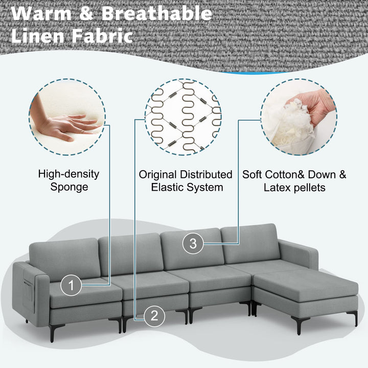 Giantex 4 Seat Convertible Sofa Couch, 123" L Sectional Sleeper with 2 or 1 USB Ports Socket
