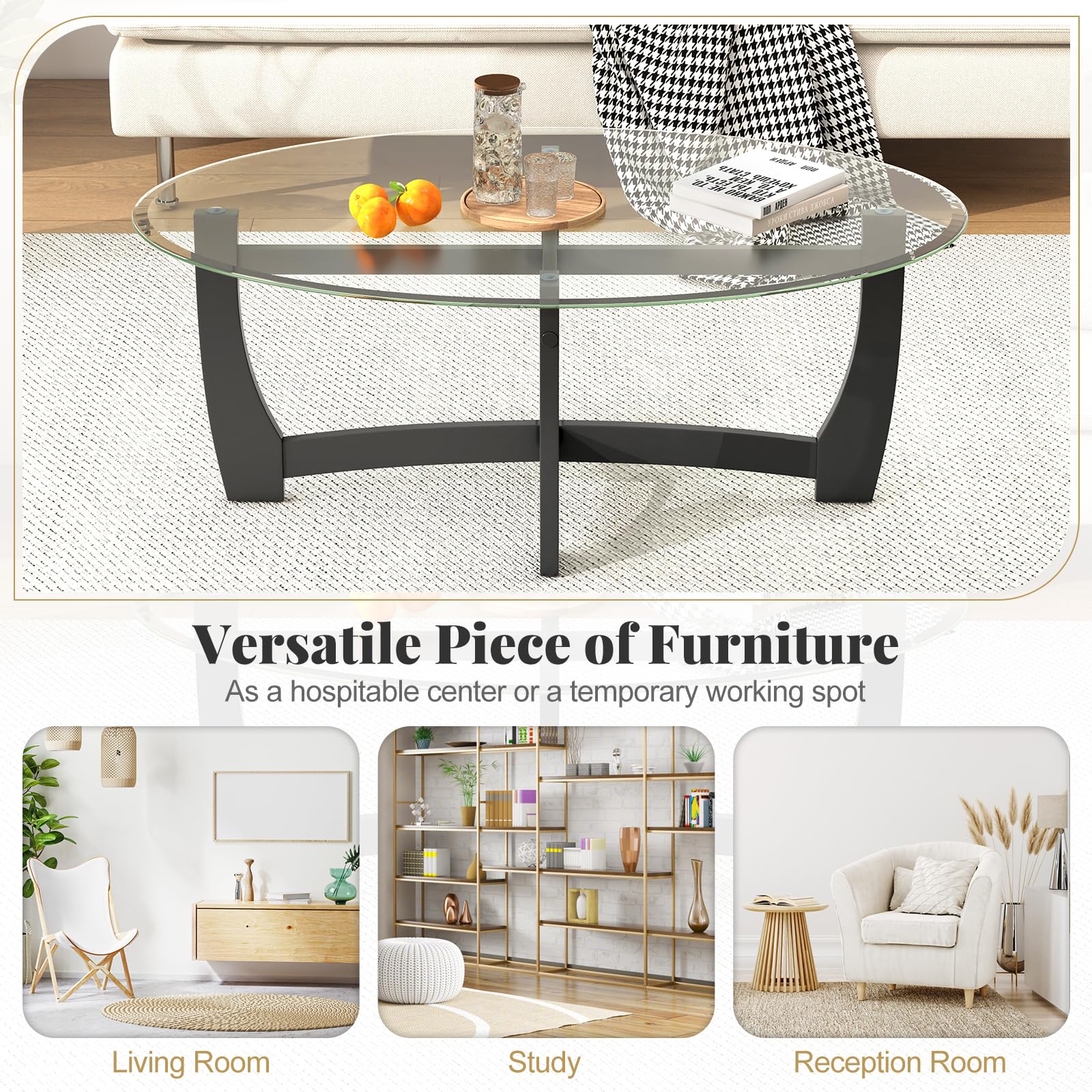 Giantex Glass Coffee Table, 48" Oval Accent Tea Table with Tempered Glass Top & Solid Wood Structure