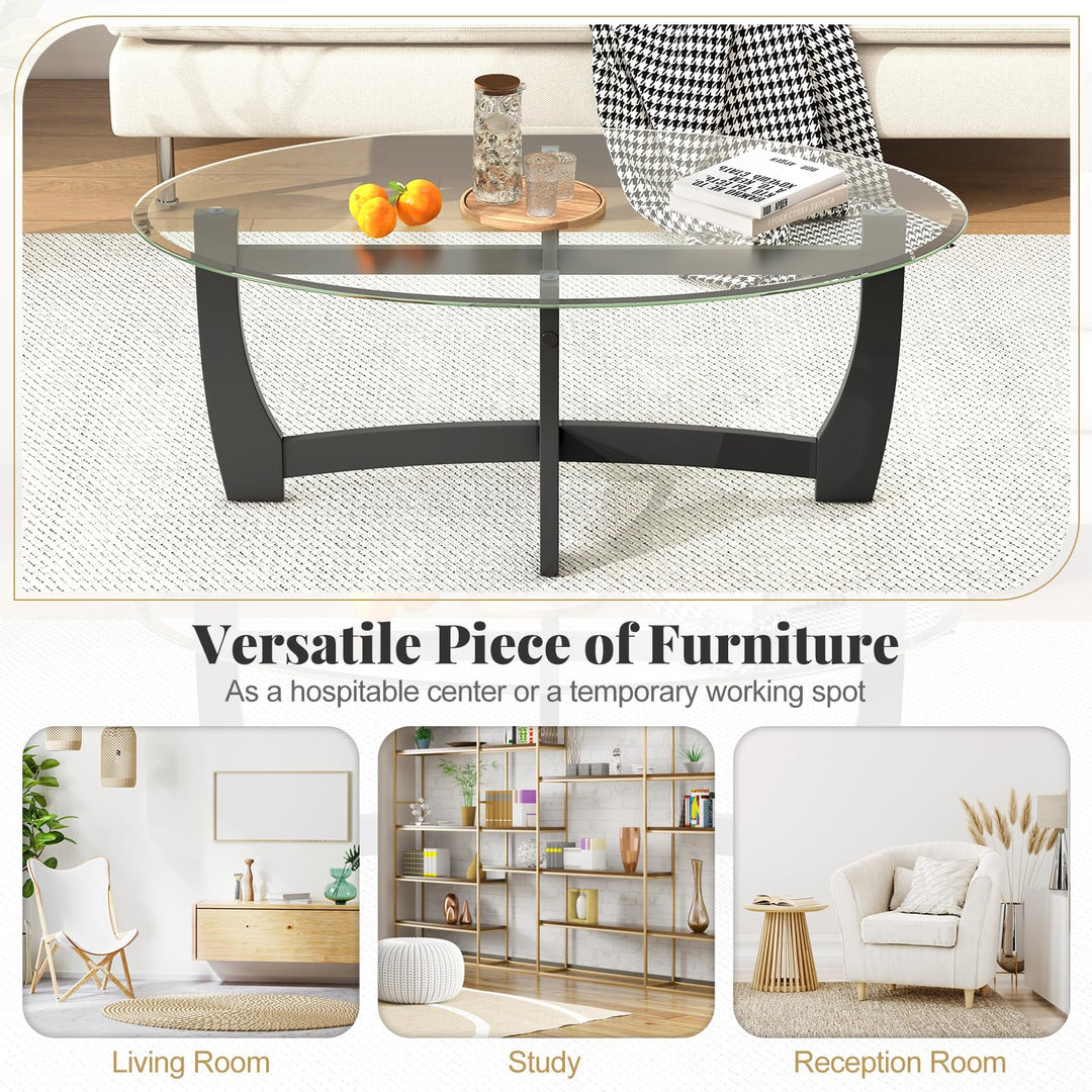Giantex Glass Coffee Table, 48" Oval Accent Tea Table with Tempered Glass Top & Solid Wood Structure