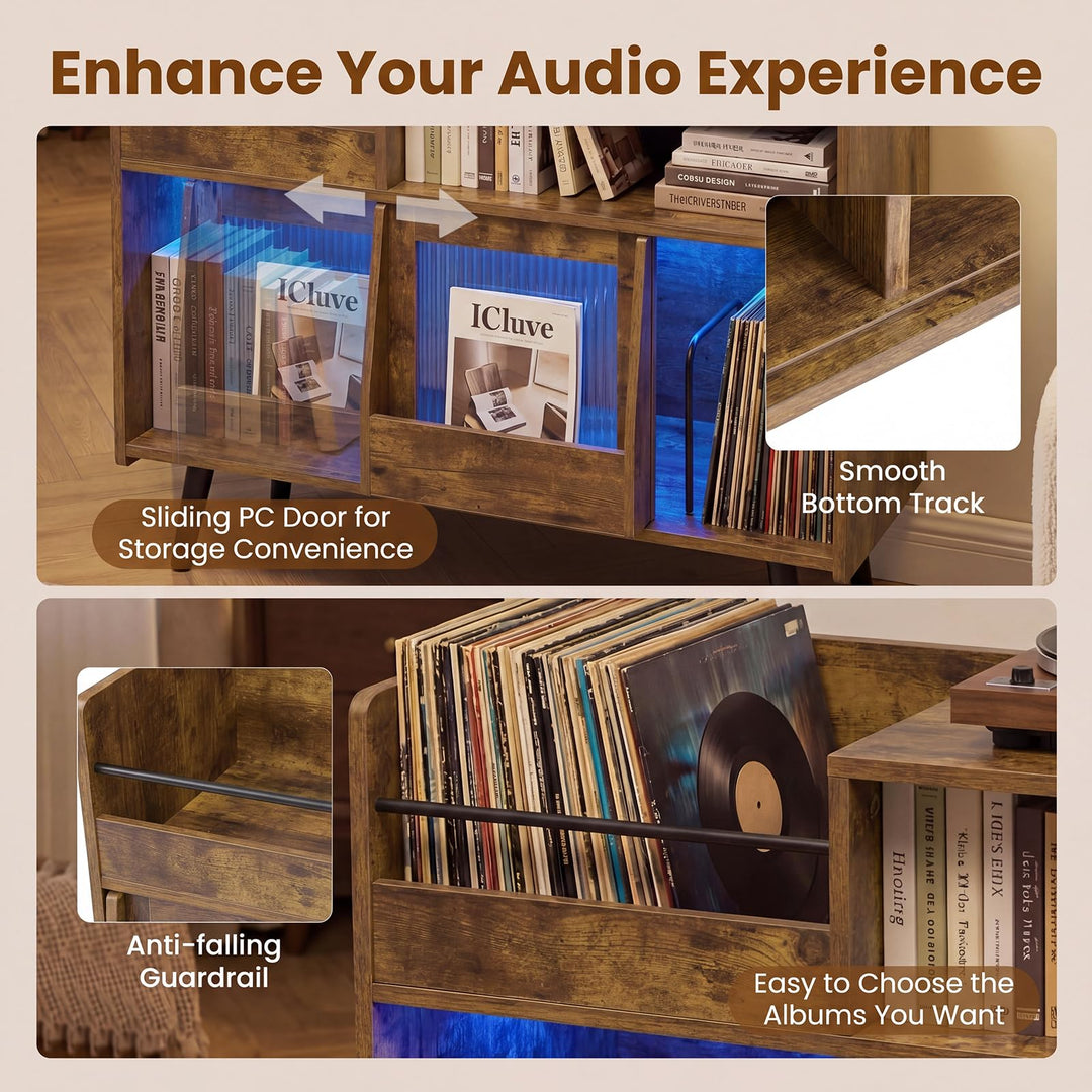 Giantex Large Record Player Stand with LED Light&amp; Sliding Door
