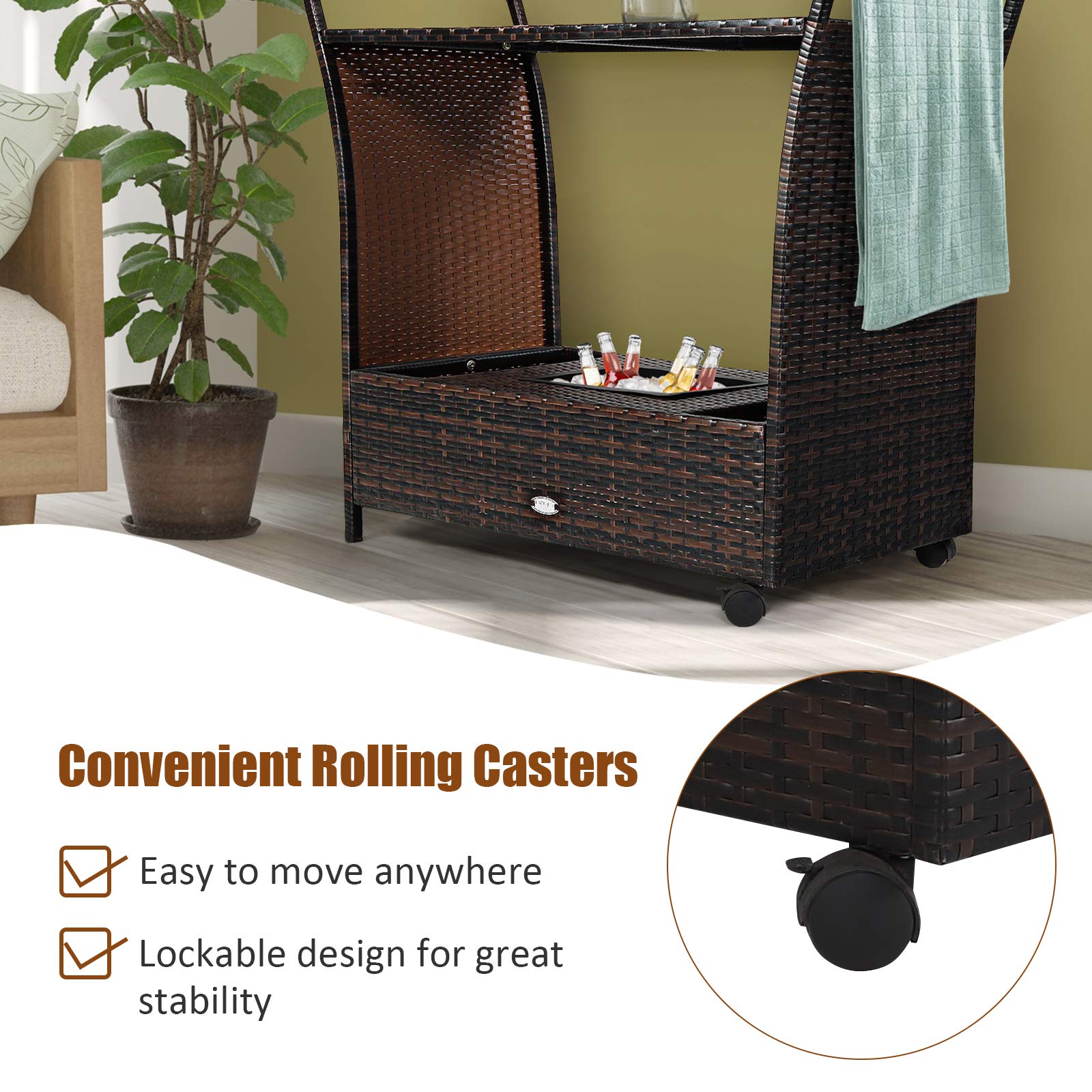 Giantex Rolling Wicker Cart Rattan Bar Cart Outdoor Serving Cart Wicker Trolley Portable Kitchen Trolley Cart W/Shelves and Big Drawer