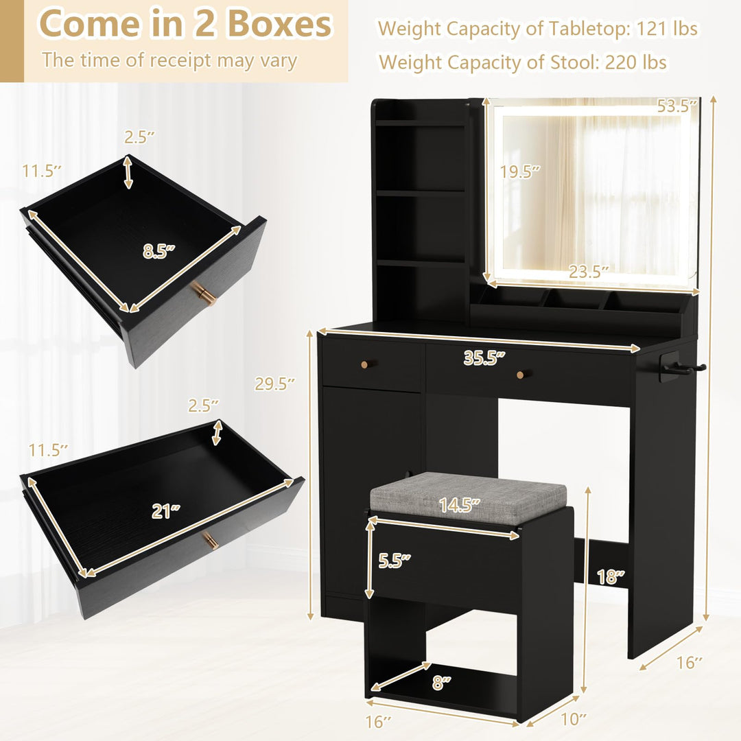 CHARMAID Vanity Desk with Mirror and Lights, Makeup Vanity Desk with Drawers, Shelves, Side Cabinet