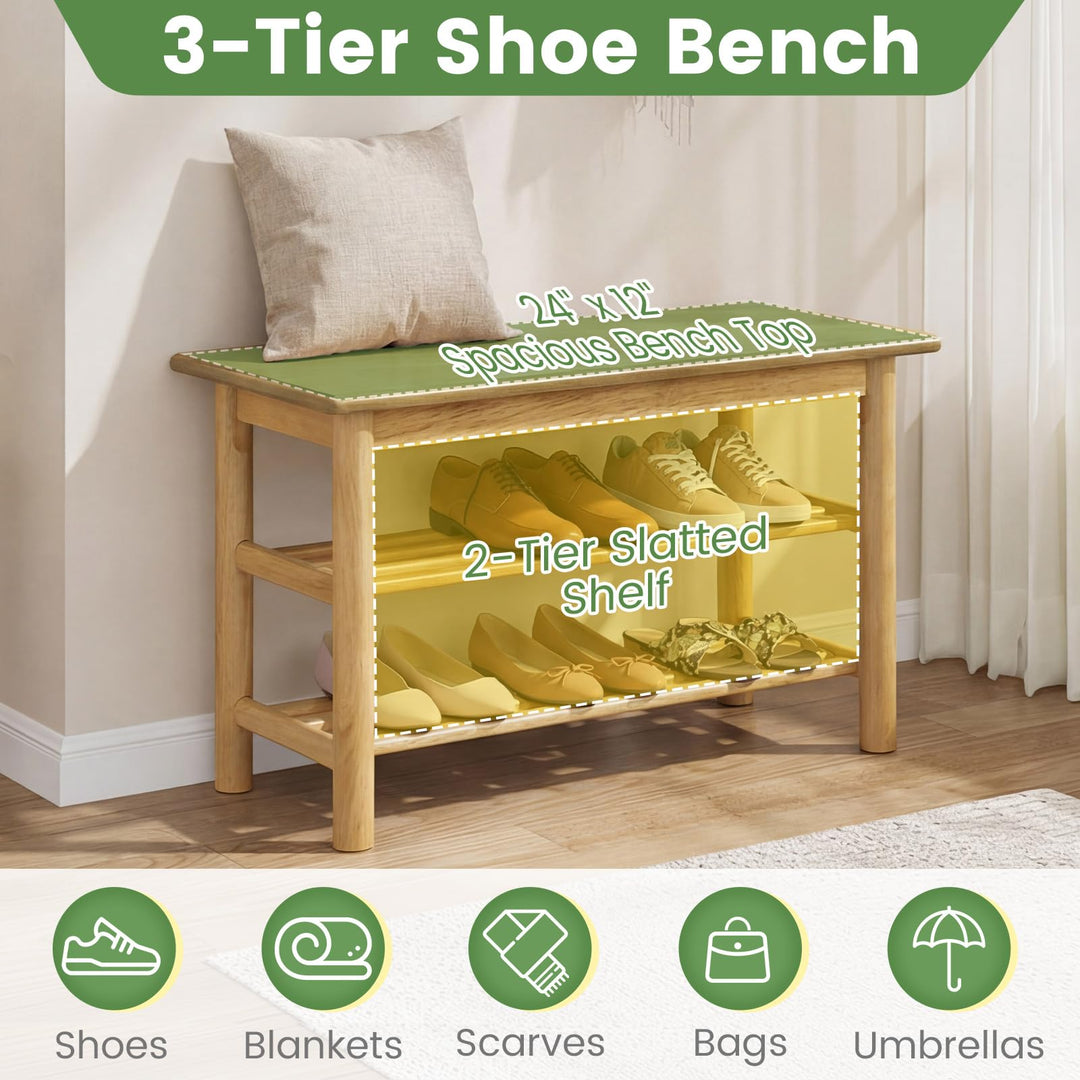 Giantex 3-Tier Entryway Shoe Rack Bench with Slat Shelves (12 x 24 x 17 Inches)