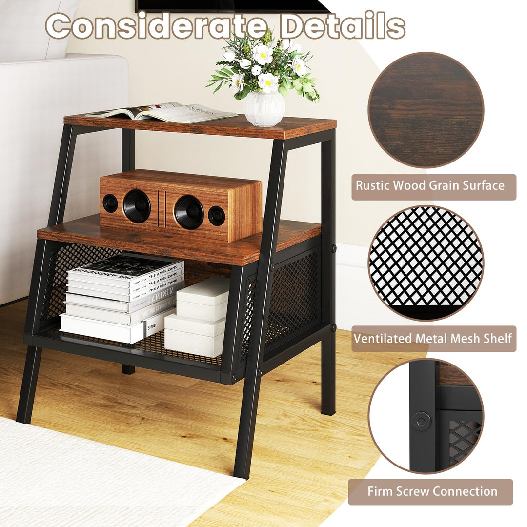 Giantex Industrial Nightstand 3-Tier End Table with 2 Open Shelves and Metal Mesh Compartment