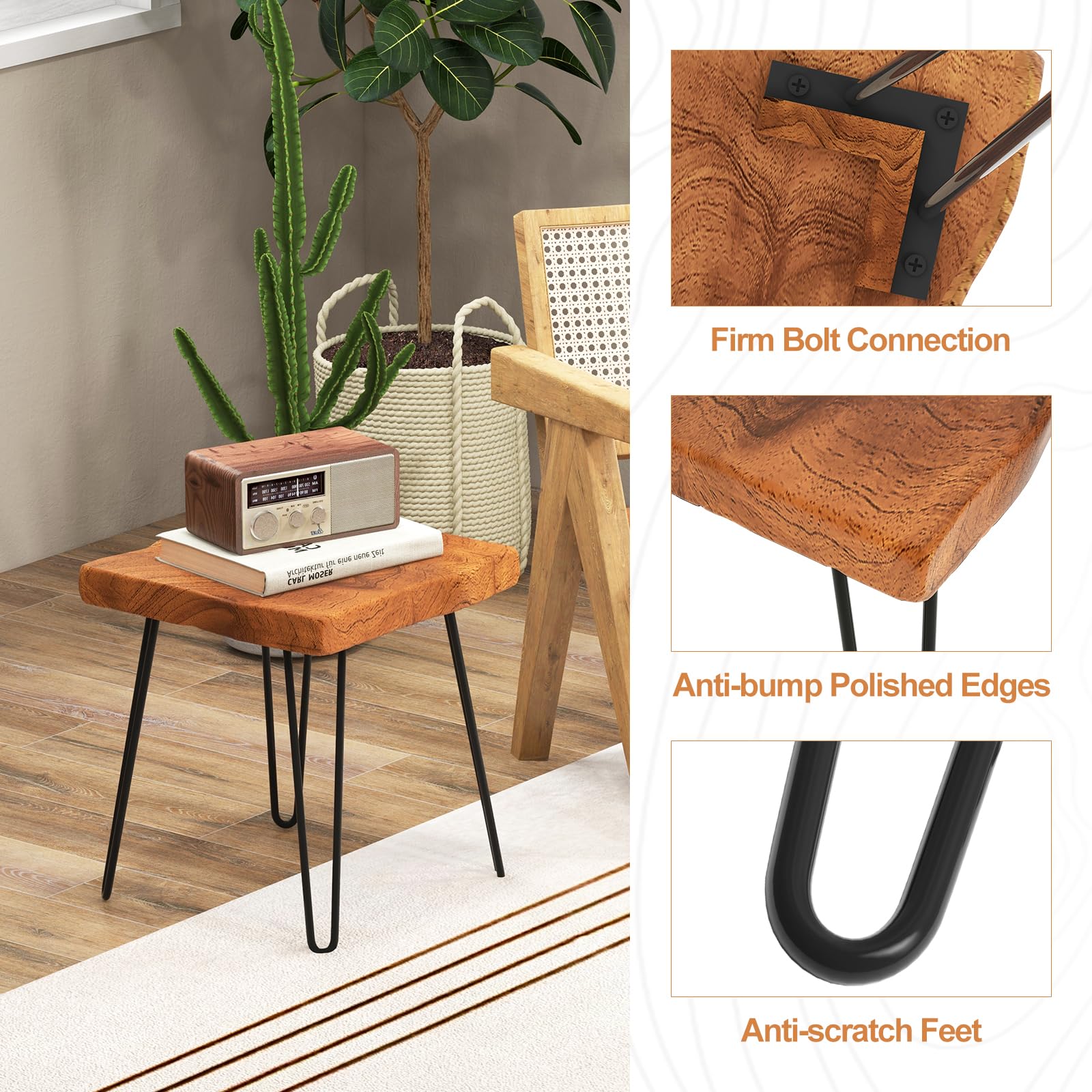 Giantex Teak Wood End Table, Solid Live Edge Outdoor Side Table w/Natural Grain & Heavy-Duty Metal Legs