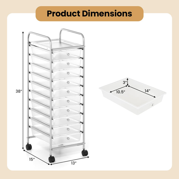Giantex 10-Drawer Rolling Storage Cart with Metal Frame and Lockable Universal Wheels