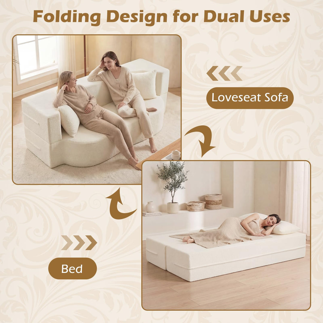 Giantex 75.5" Folding Sofa Bed | 2-in-1 Convertible Teddy Fleece Floor Loveseat with 2 Comfortable Pillows