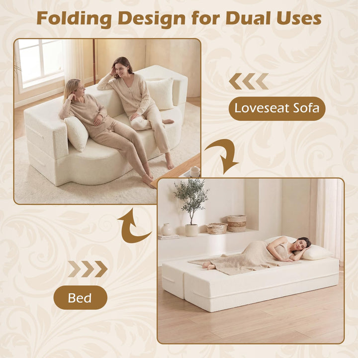 Giantex 75.5" Folding Sofa Bed | 2-in-1 Convertible Teddy Fleece Floor Loveseat with 2 Comfortable Pillows
