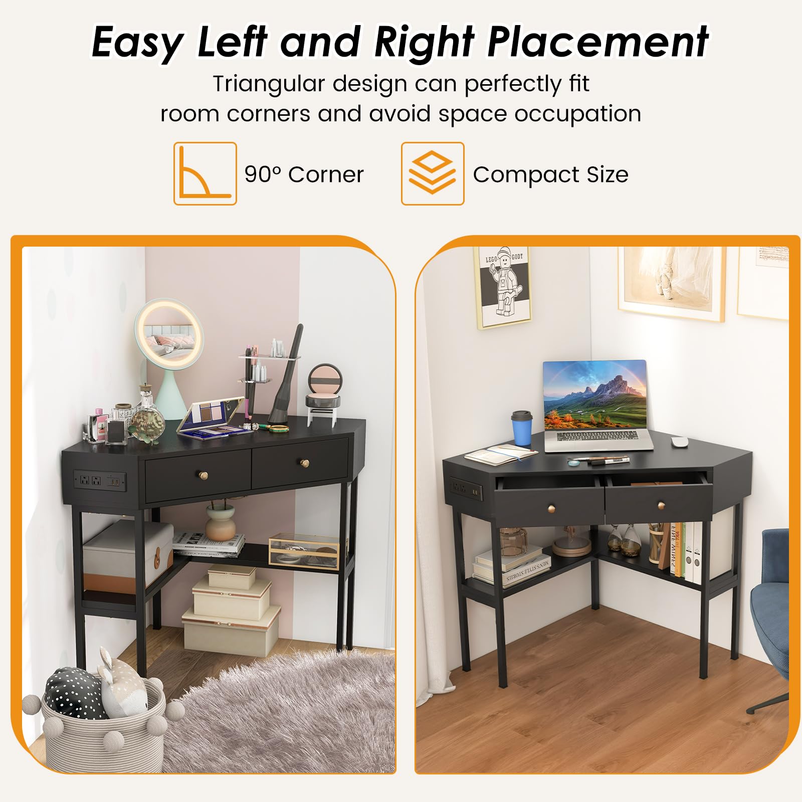 Giantex Corner Desk with Charging Station, 90 Degree Triangle Computer Desk with 2 Drawers & Storage Shelf