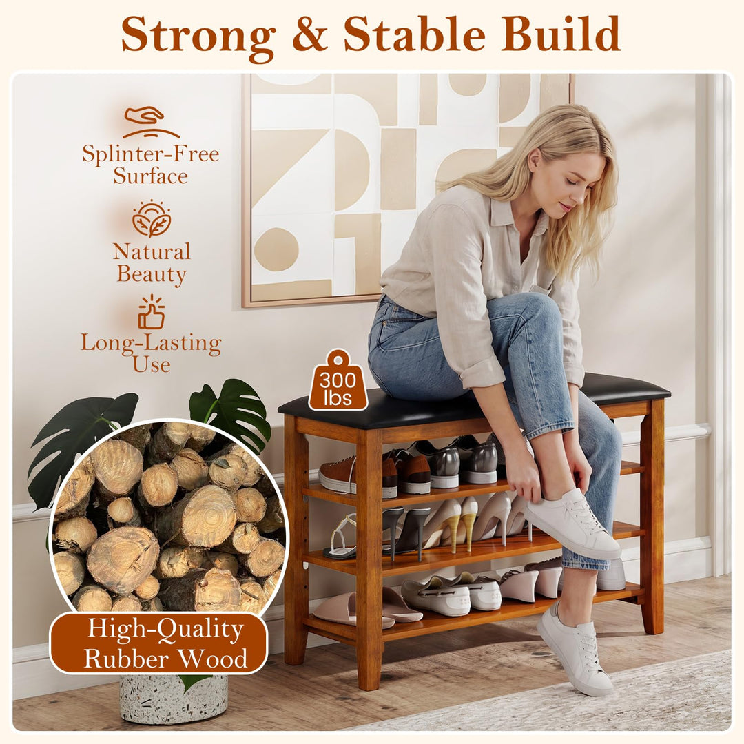 Giantex 4-Tier Shoe Rack Bench | Rubber Wood Entryway Bench with Adjustable Shelves