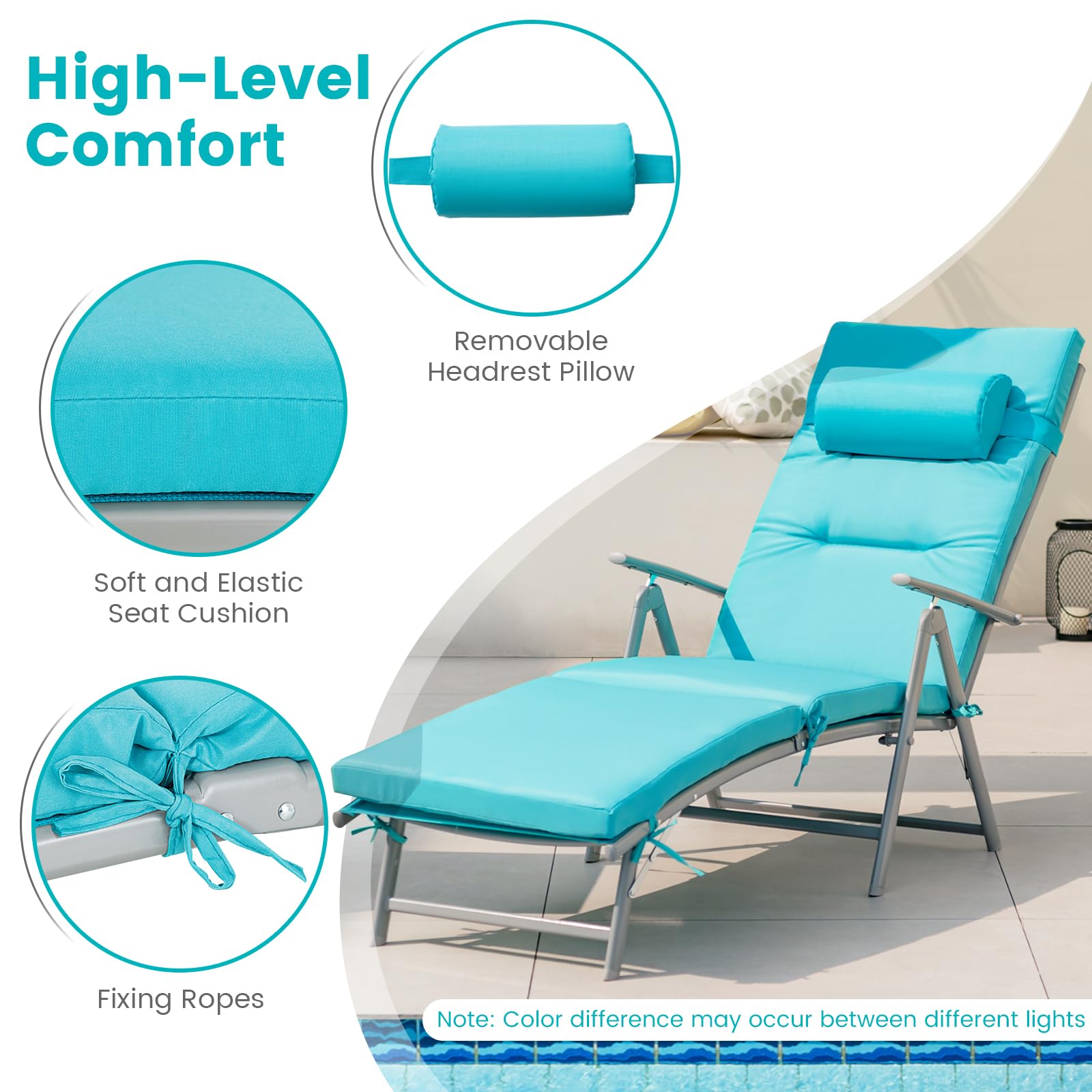Giantex Folding Chaise Lounge Chair - Outdoor Reclining Chair with Removable Seat Cushion, Headrest Pillow
