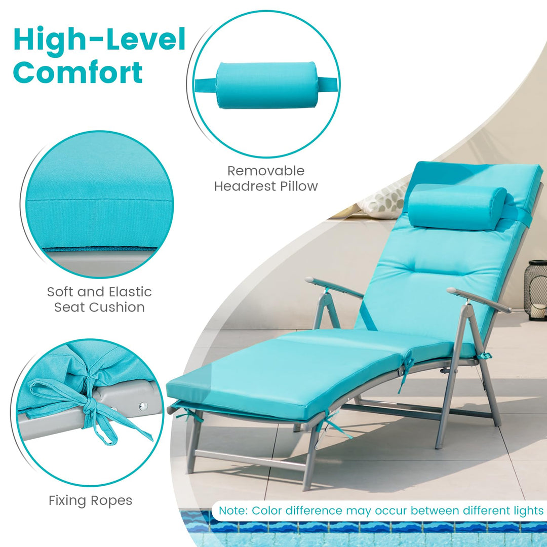 Giantex Folding Chaise Lounge Chair - Outdoor Reclining Chair with Removable Seat Cushion, Headrest Pillow