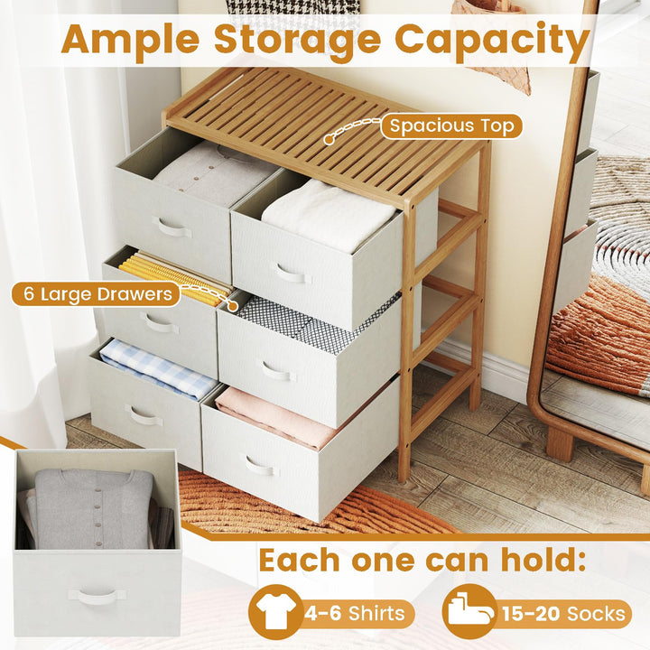 Giantex White Dresser for Bedroom Bamboo 6 Fabric Drawers Storage Tower with Top Shelf