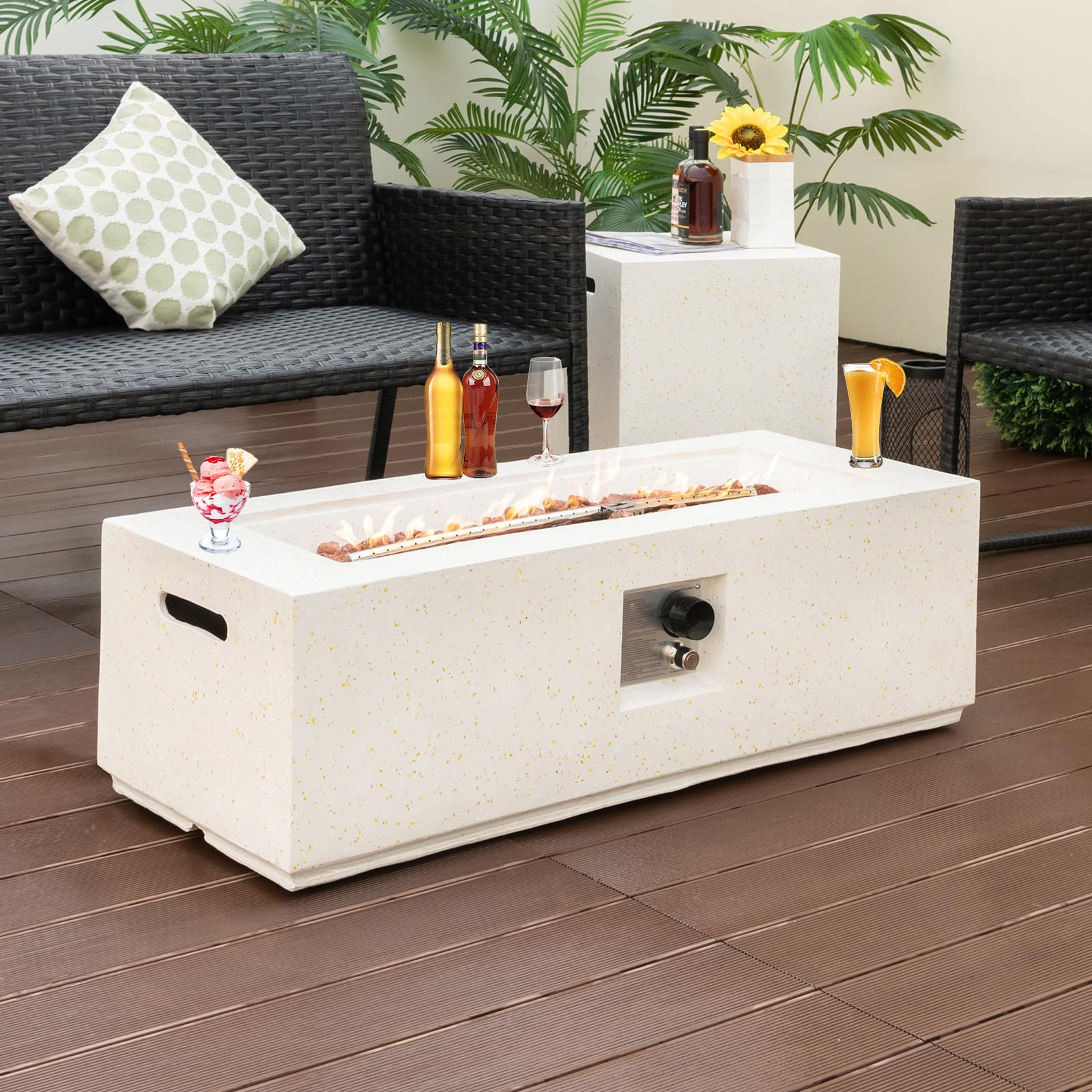 Giantex 42" Propane Fire Pit Set - 2-Piece Outdoor Gas Fire Pit Table w/Hideaway Tank Cover, 50,000 BTU Terrazzo Fire Table for Outside