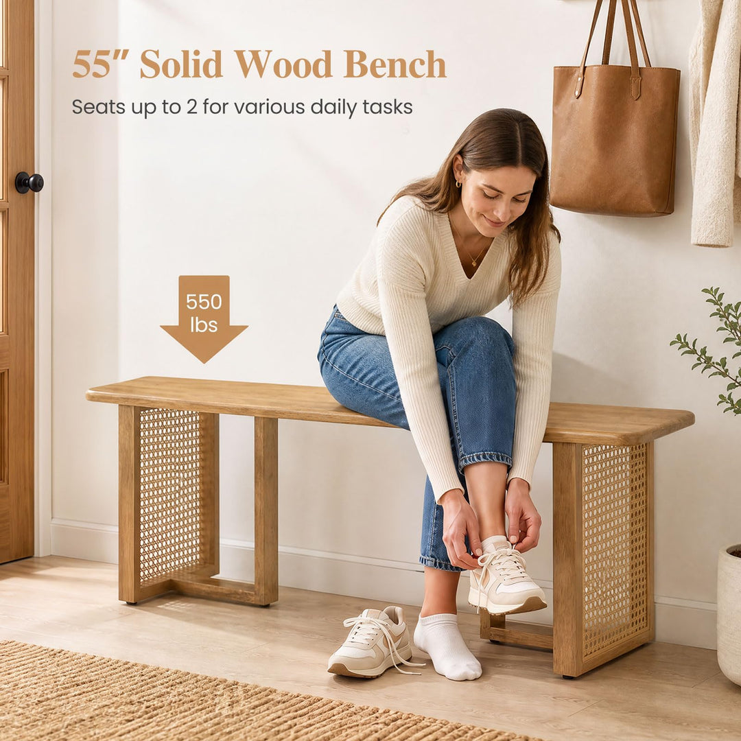 GIANTEX 55" Rattan Dining Bench with Rubber Wood Frame (1/2)