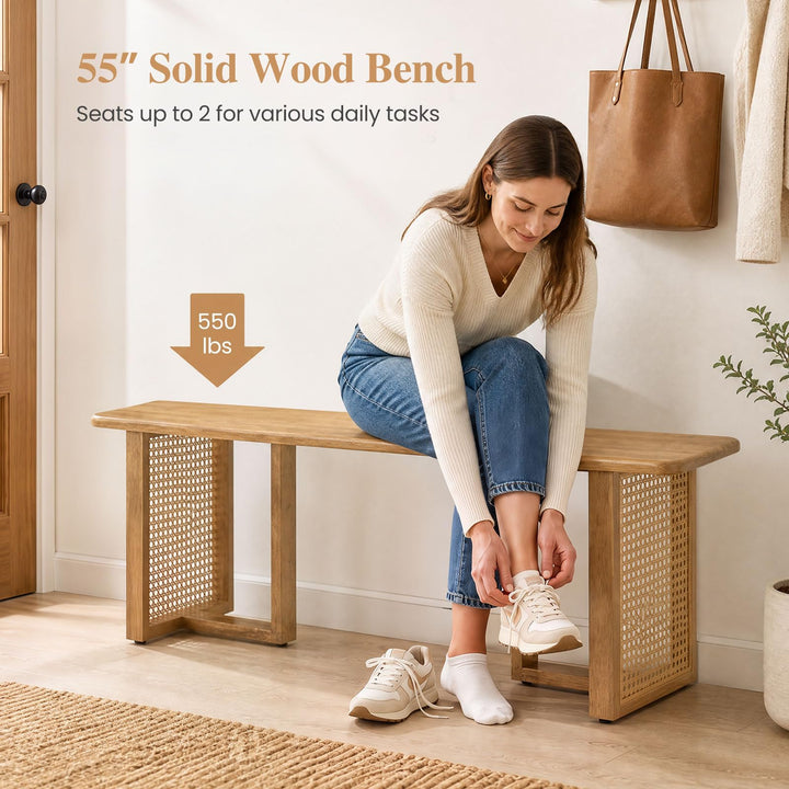 GIANTEX 55" Rattan Dining Bench with Rubber Wood Frame (1/2)