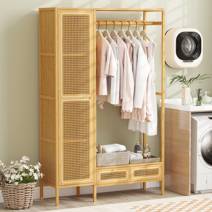 Giantex Bamboo Clothes Rack with Shelves Freestanding Garment Rack with Rattan Door