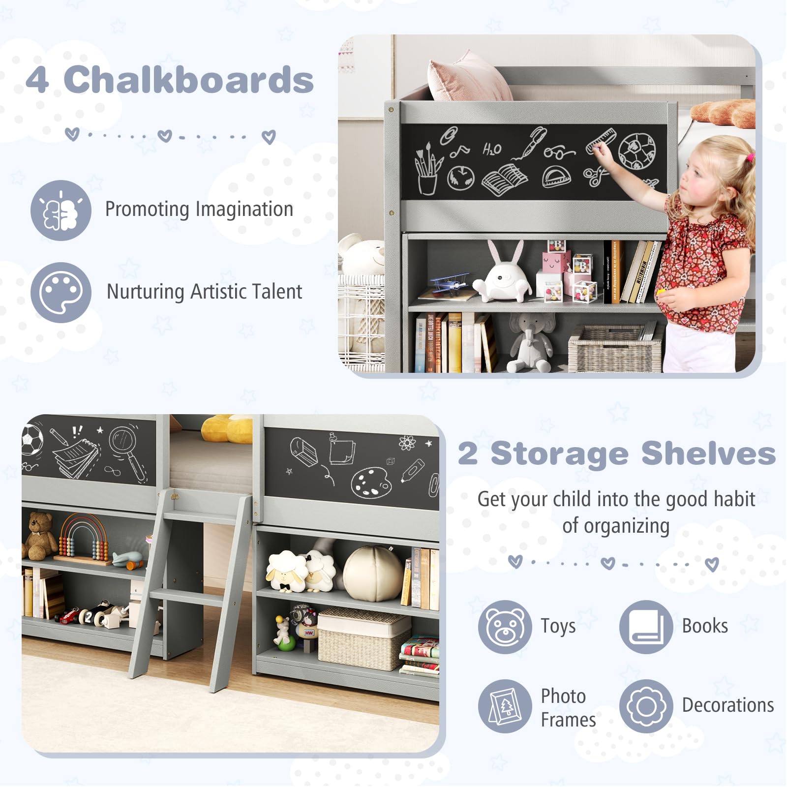 Giantex Low Loft Bed Twin Size, Wooden Loft Bed with Ladder & Blackboard