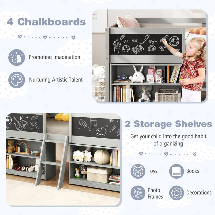 Giantex Low Loft Bed Twin Size, Wooden Loft Bed with Ladder & Blackboard