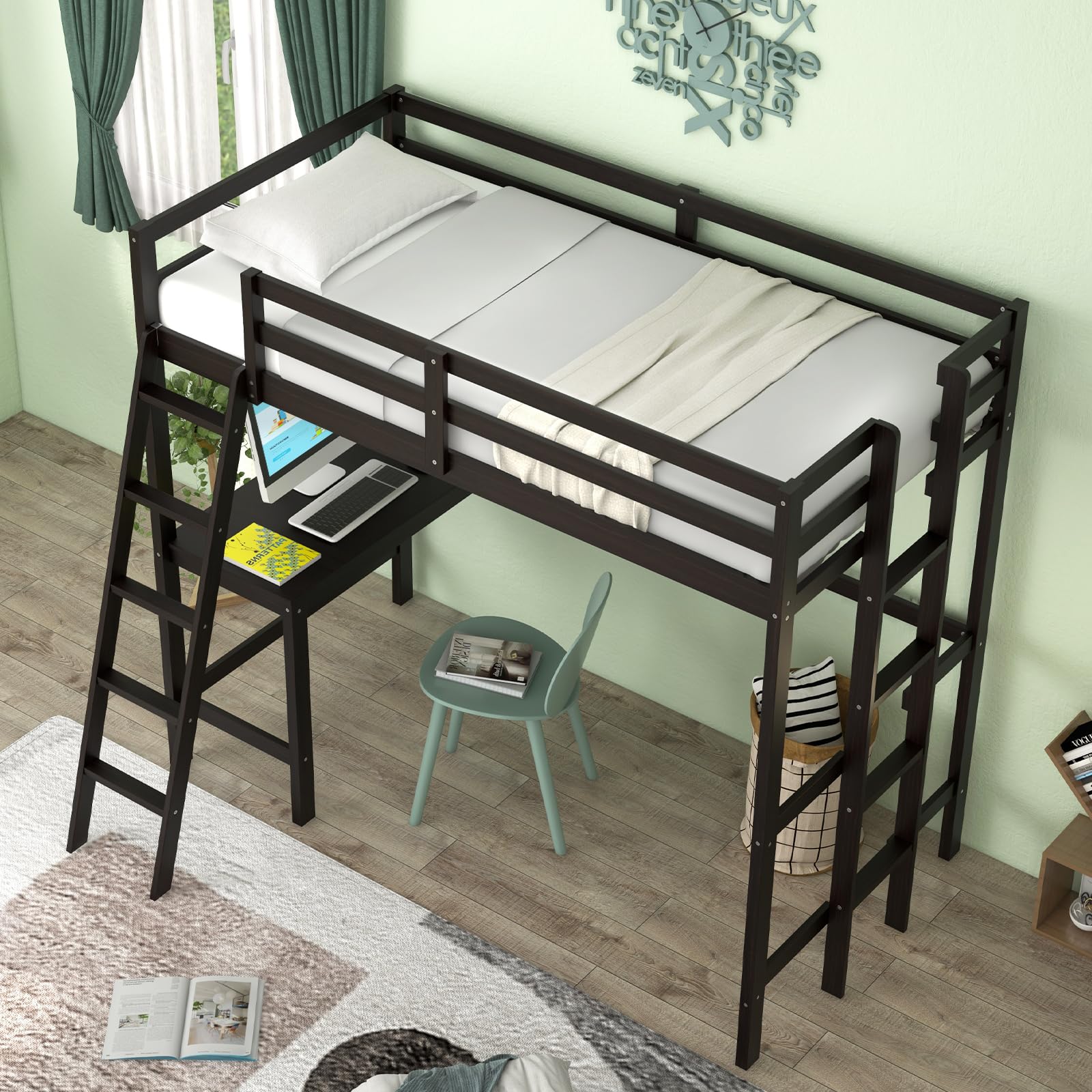 Giantex Twin Size Loft Bed with Desk, Solid Wood Loft Bed with 2 Ladders & Full Length Guardrail