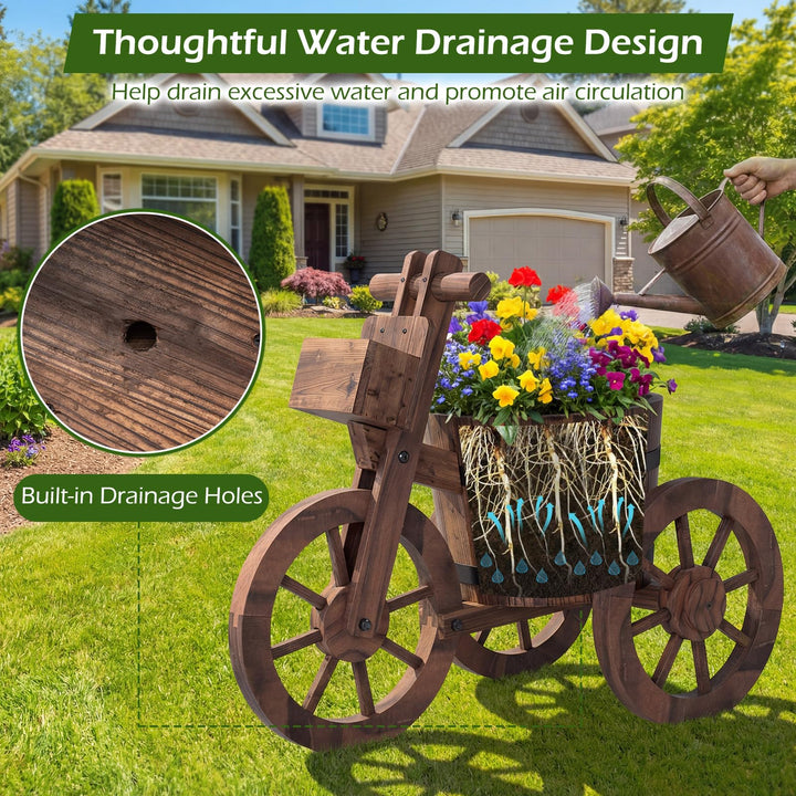 Giantex Wooden Wagon Planter with Wheels for Patio Backyard Balcony