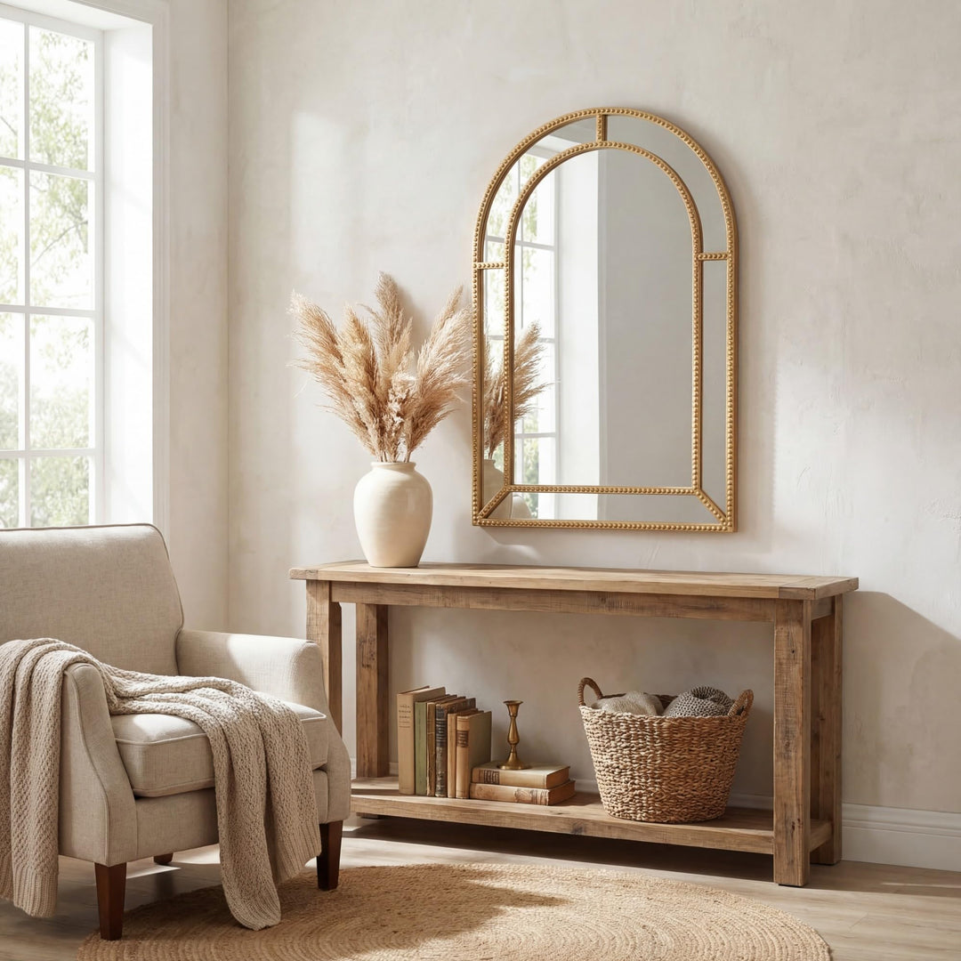 CHARMAID Gold Arched Wall Mirror with Beaded Frame for Bathroom Entryway