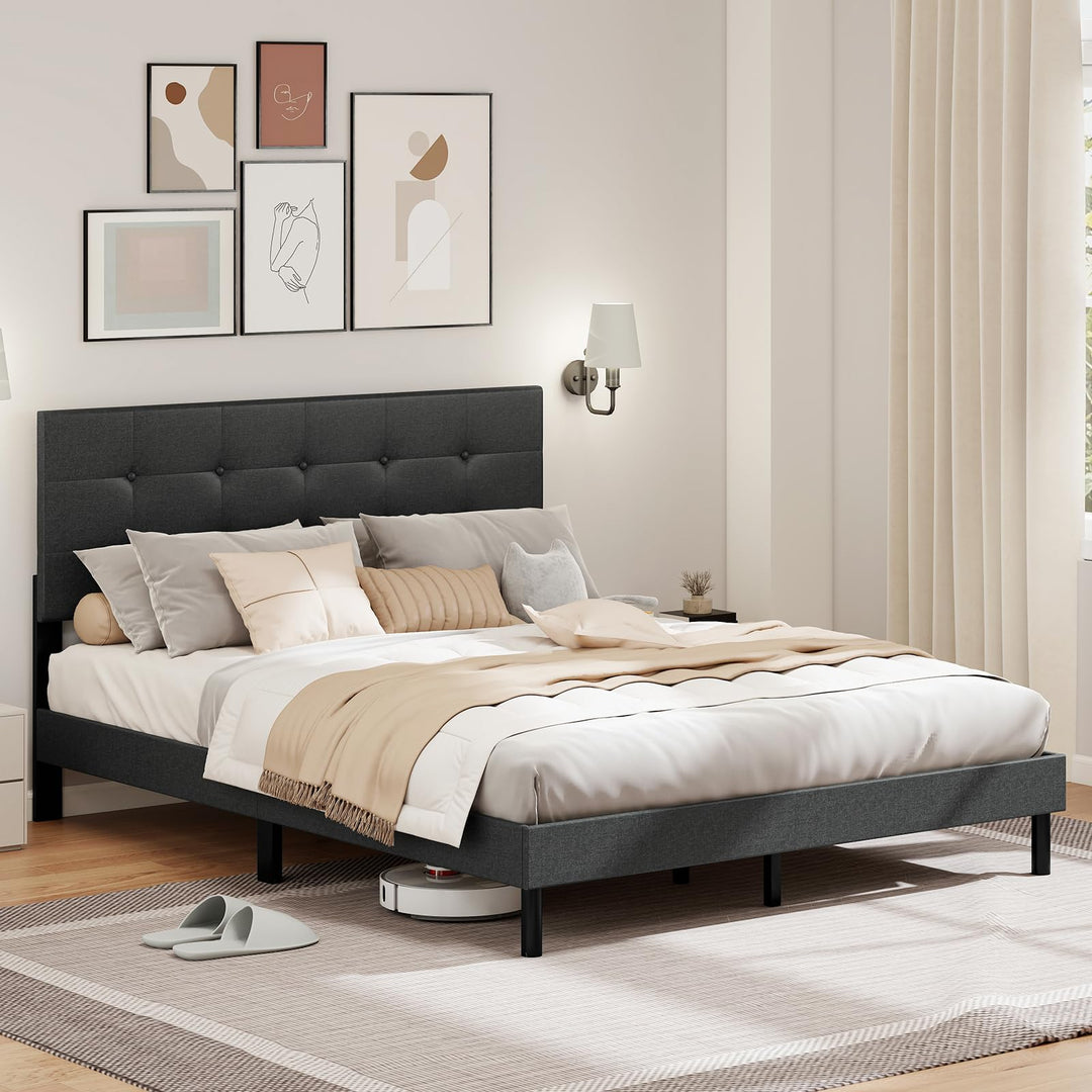Giantex Queen Bed Frame Linen Upholstered Platform Bed with Button Tufted Headboard