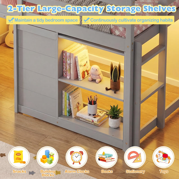Giantex Wooden Low Kids Loft Bed with  LED Lights and 2 Doors