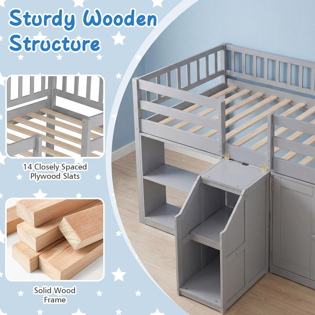 Giantex Low Loft Bed Twin Size with LED Lights, Wooden Bed Frame