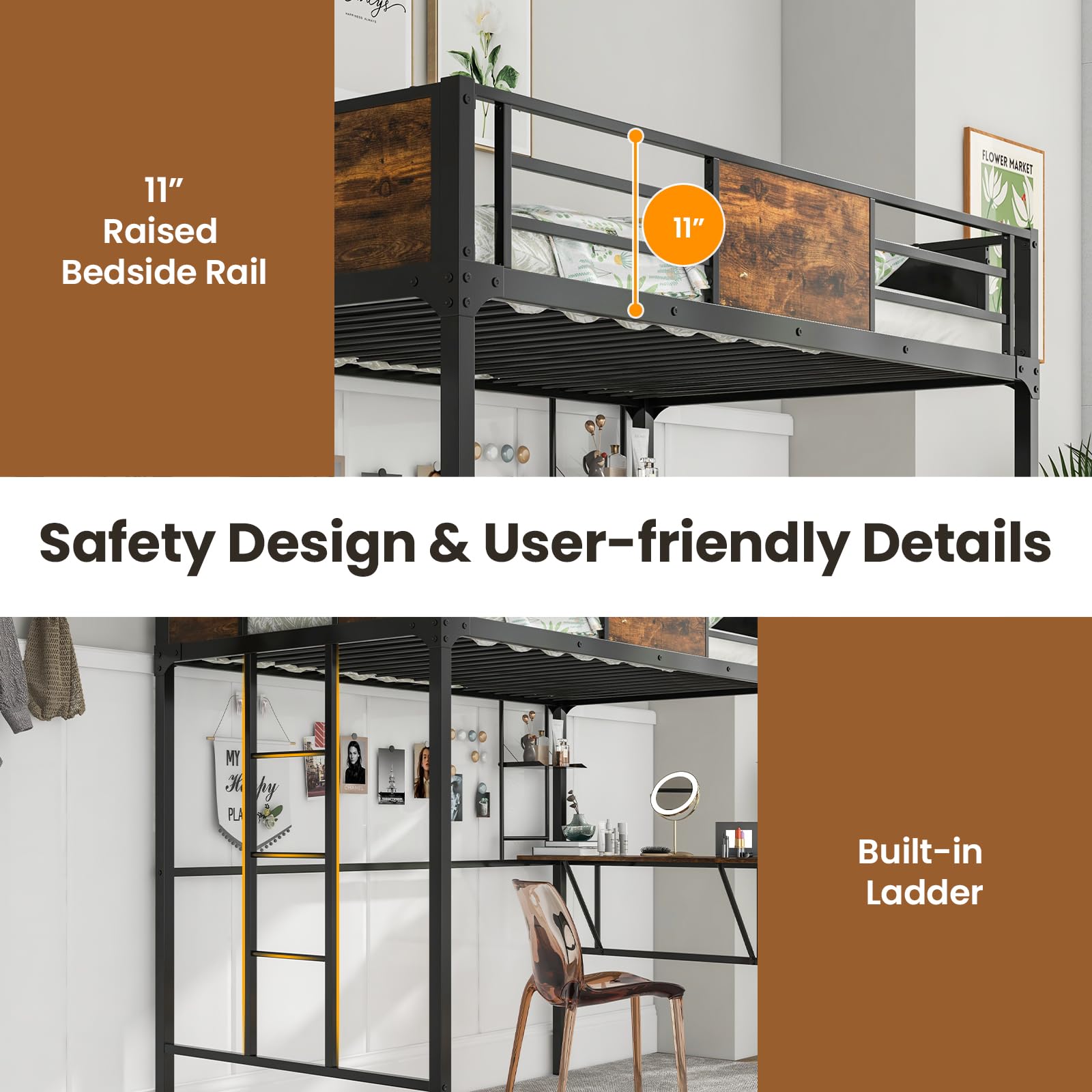 Giantex Loft Bed Twin Size with Desk and Storage Shelf