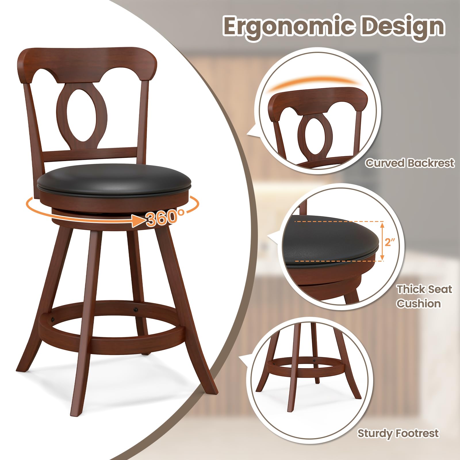 Giantex Swivel Bar Stools Set of 2, 24" Counter Height Barstools with Back, Solid Rubber Wood Frame