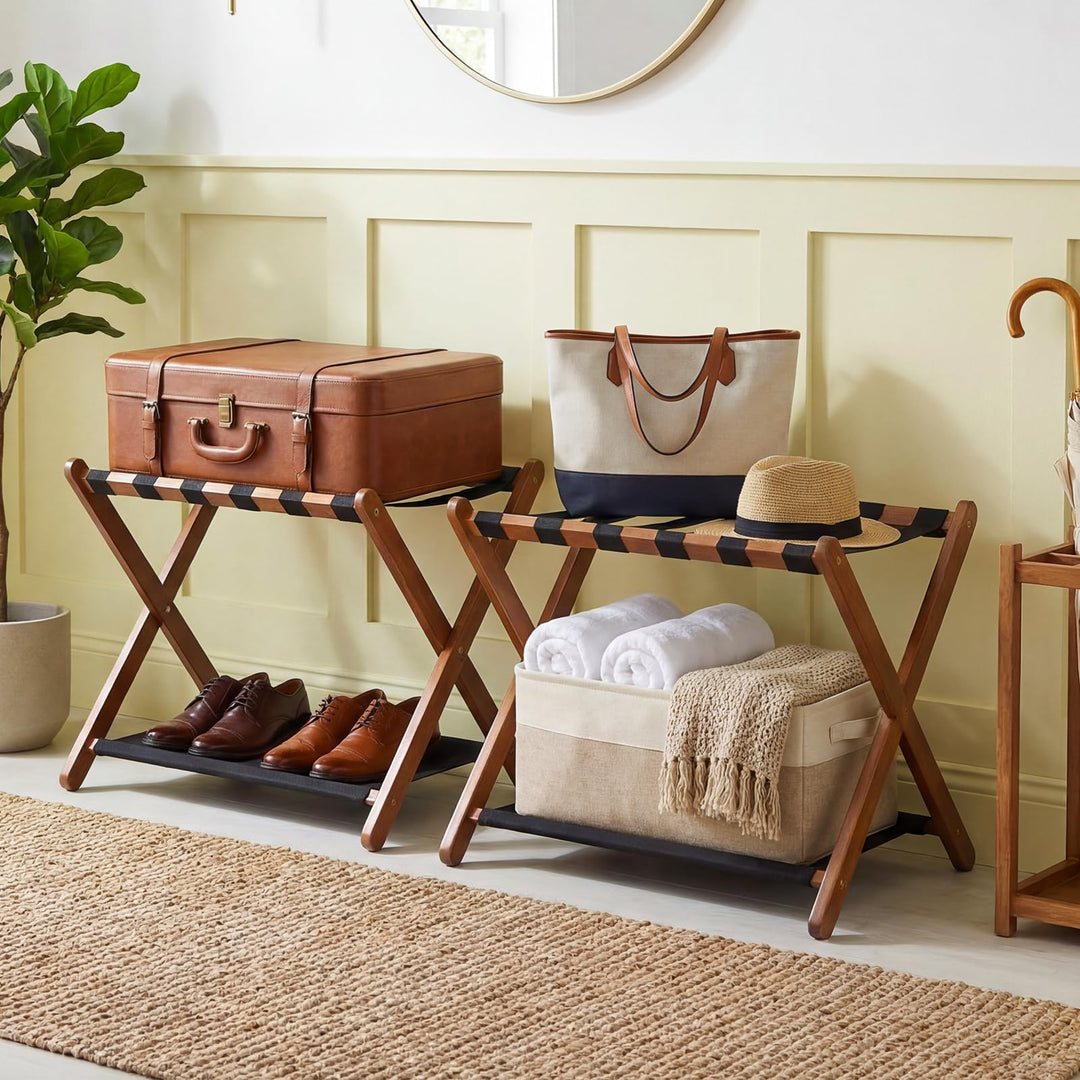 Giantex Folding Luggage Rack | Solid Rubber Wood Suitcase Stand with Storage Shelves