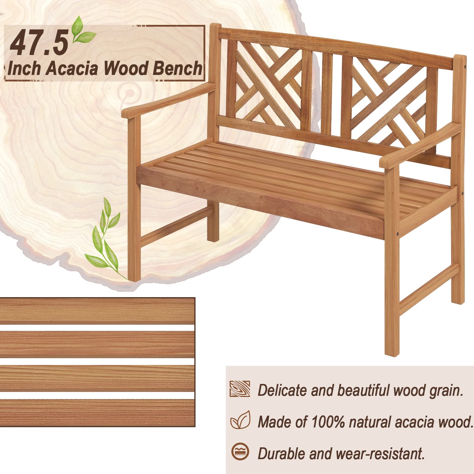 Giantex Outdoor Wooden Garden Bench - 2-Person Acacia Wood Bench, Front Porch Bench (Non-Foldable)