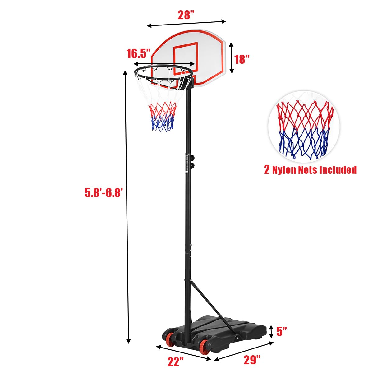 Portable Basketball Hoop w/Wheels, Height Adjustable Basketball Stand