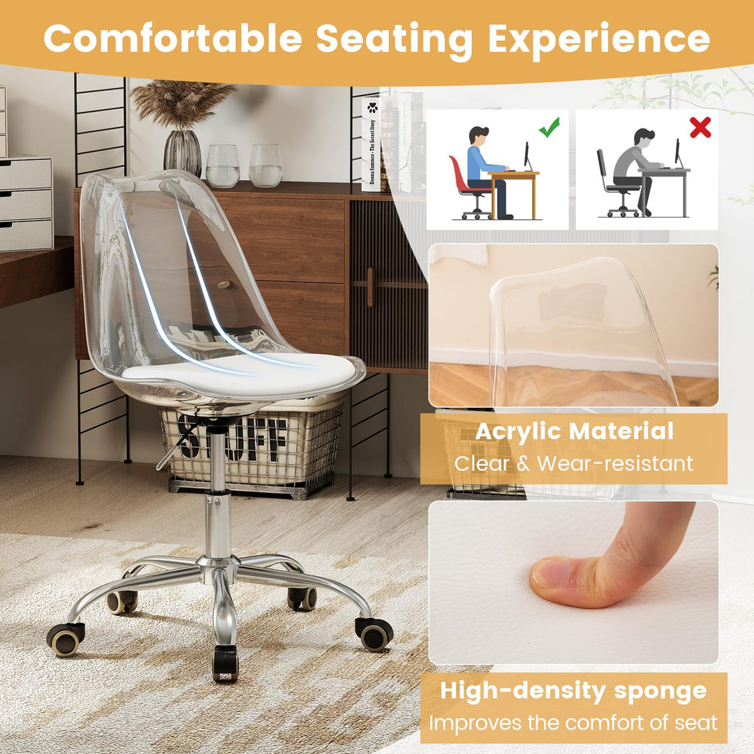Giantex Acrylic Clear Desk Chair with PU Leather Cushion Modern Small Home Office Chair with Wheels