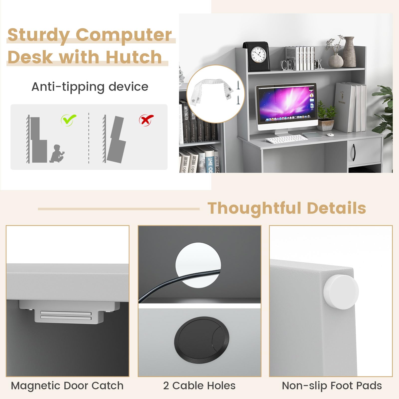 Giantex Computer Desk with Hutch, Home Office Desk with Storage Cabinet & Adjustable Shelf