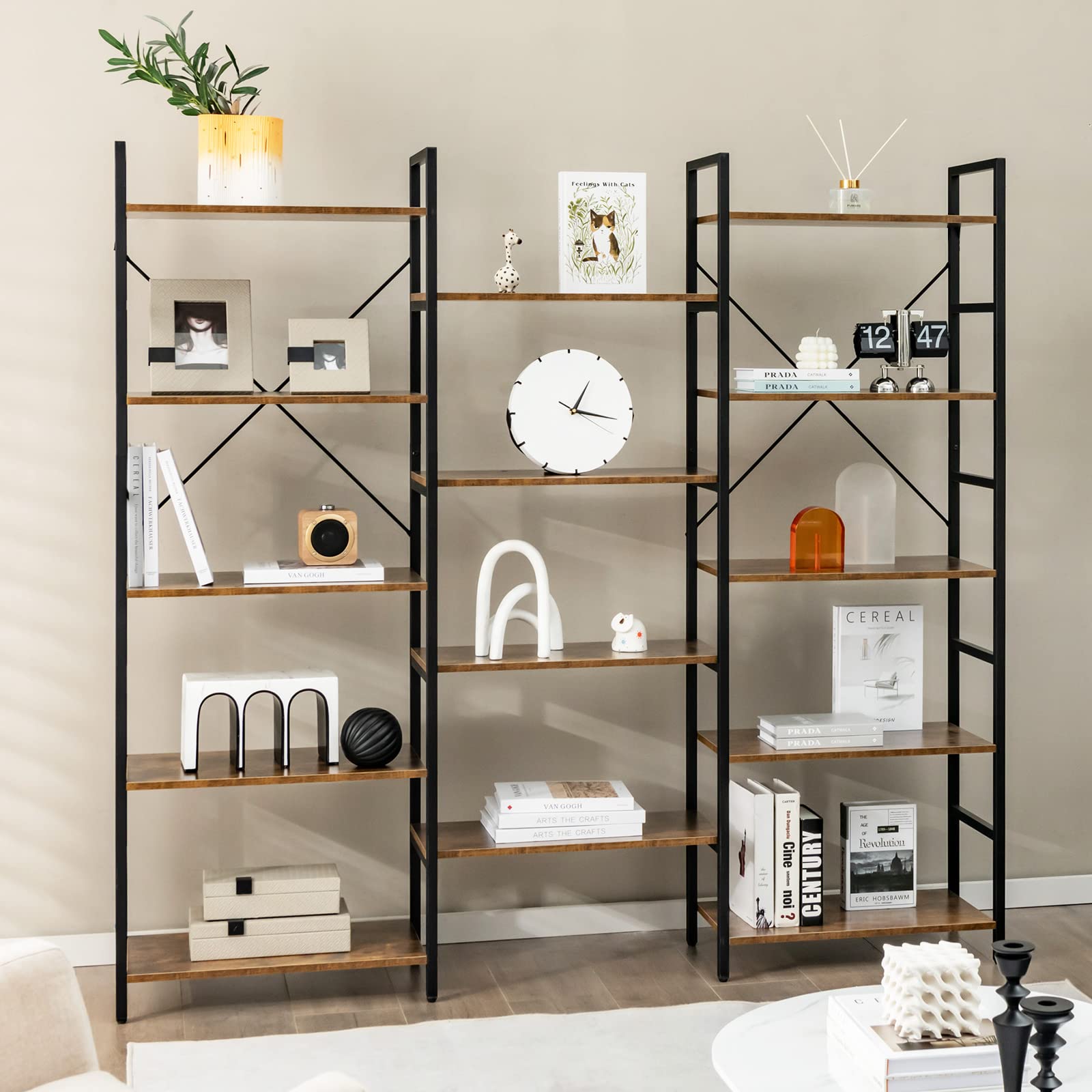 Giantex Triple 5-Tier Industrial Bookshelf- Freestanding Metal Frame Ladder Bookcase with 14 Open Shelves