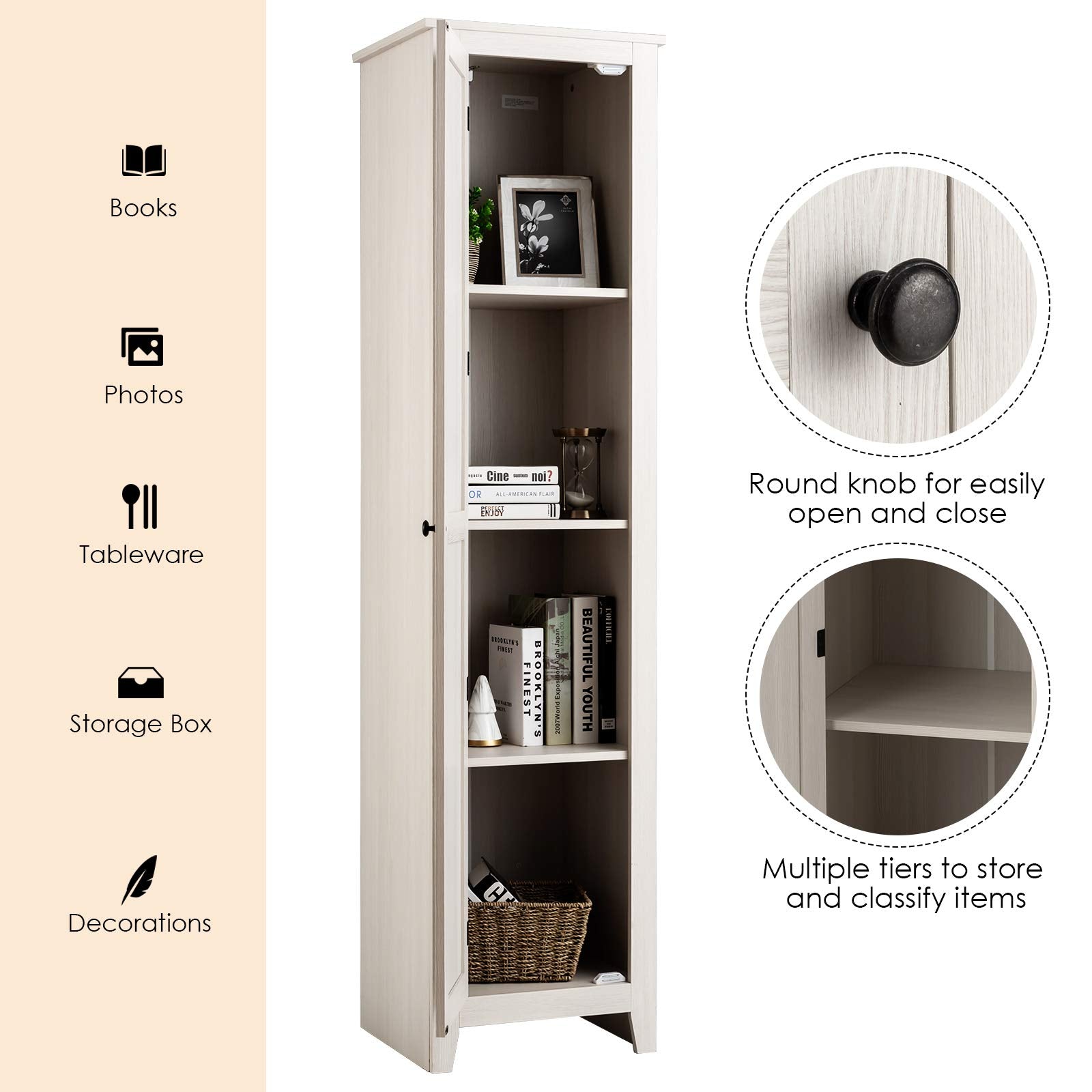 Giantex Tall Storage Cabinet Freestanding Floor Storage Tower with Four Shelves and Single Door