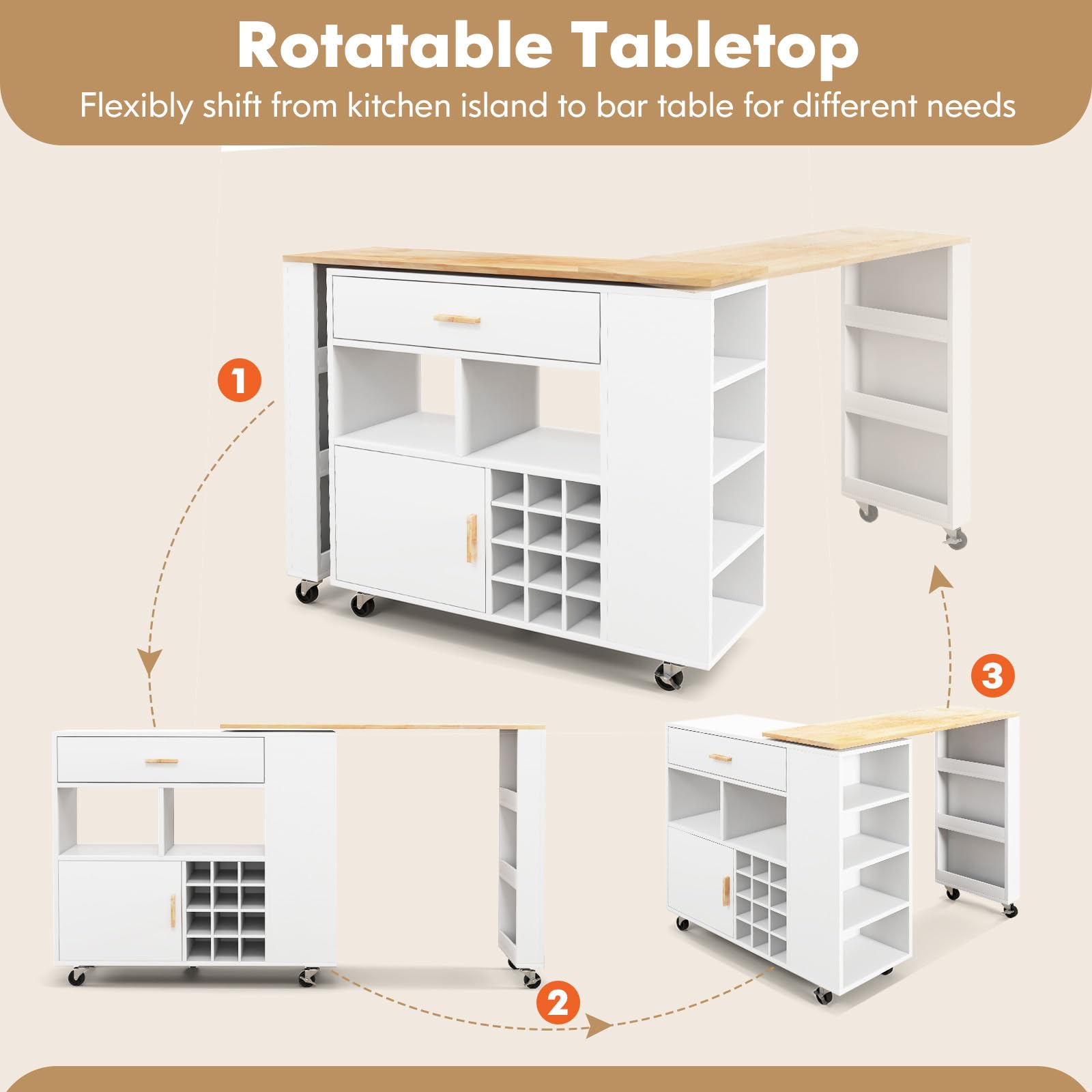 Giantex Mobile Kitchen Island Cart - 2-in-1 Reversible Serving Cart Bar Table Combo, White