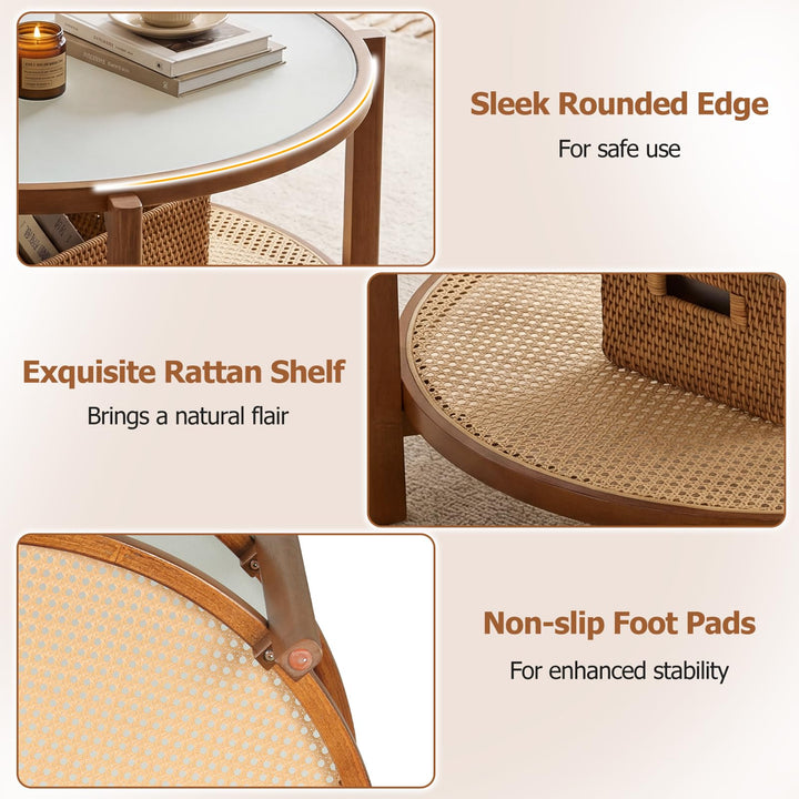 Giantex 35" Rattan Farmhouse Glass Center Table with Storage