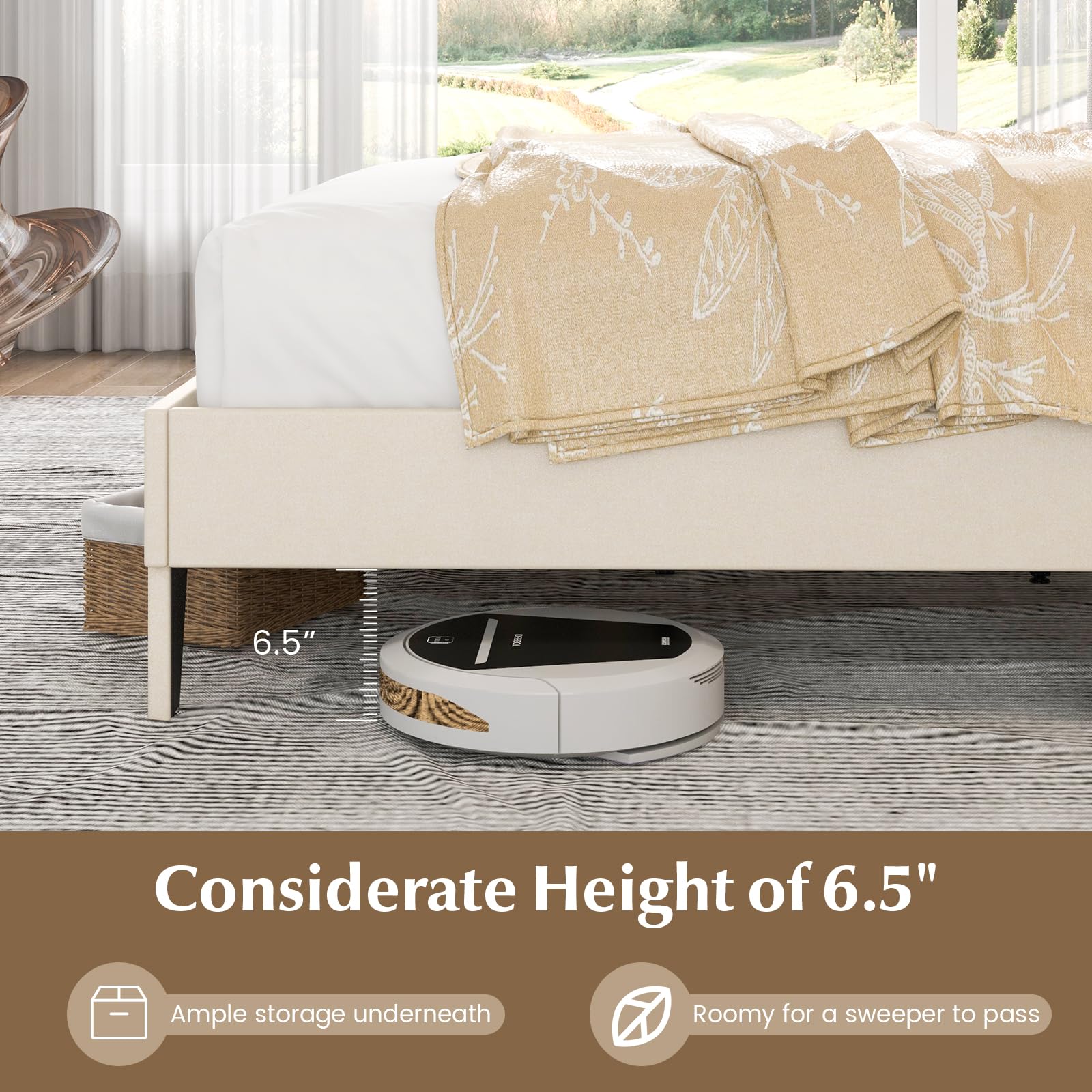 Giantex Full Size Bed Frame Beige, Linen Fabric Upholstered Platform Bed Frame with Nail Headboard