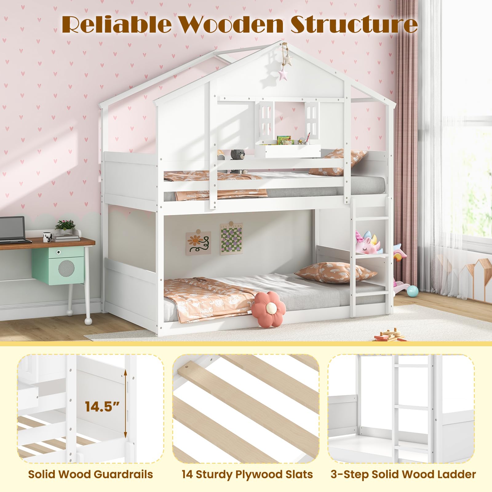 Giantex Bunk Bed Twin Over Twin, Wood House Bed for Kids with Roof, Window Door, White