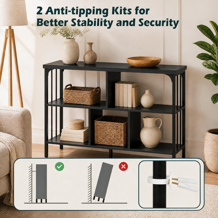 GIANTEX 3-Tier Industrial Low Wide Bookshelf with Metal Frame