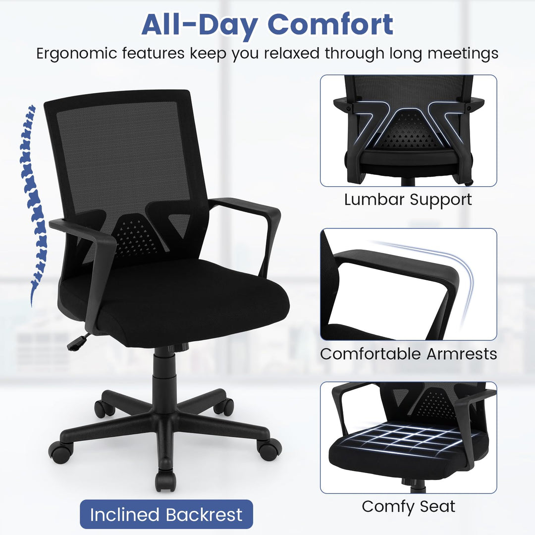 Giantex Office Desk Chair with Lumbar Support, Ergonomic Mesh Office Chair with Wheels and Armrests