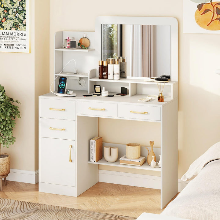 Giantex 39.5 Inch Vanity Desk with Power Outlets and Mirror for Bedroom