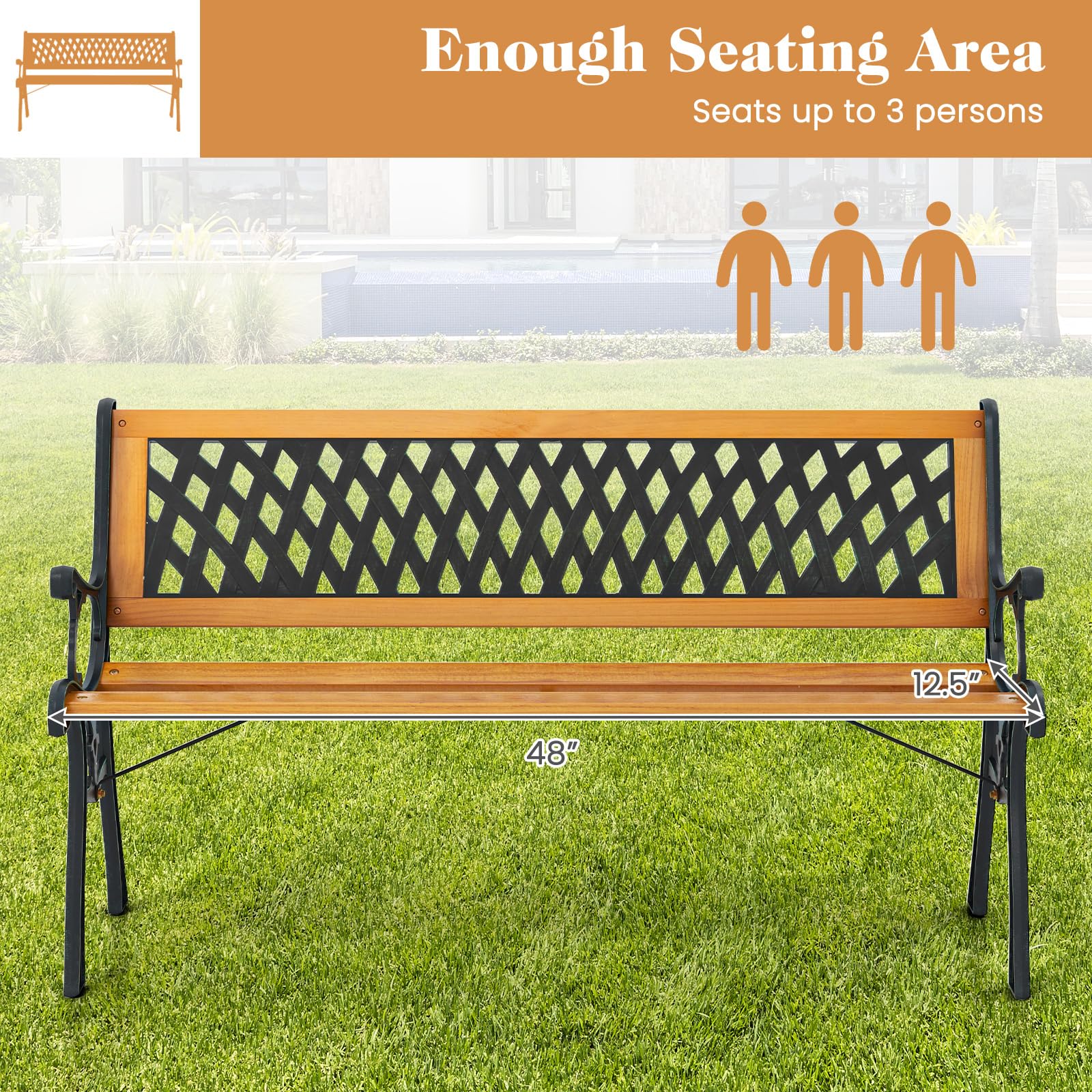 Giantex Outdoor Bench, 3-Person Garden Bench with Slatted Seat, Curved Armrests, 470 Lbs Capacity