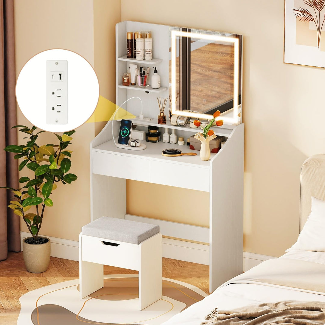 CHARMAID White Vanity Desk with LED Lighted Mirror