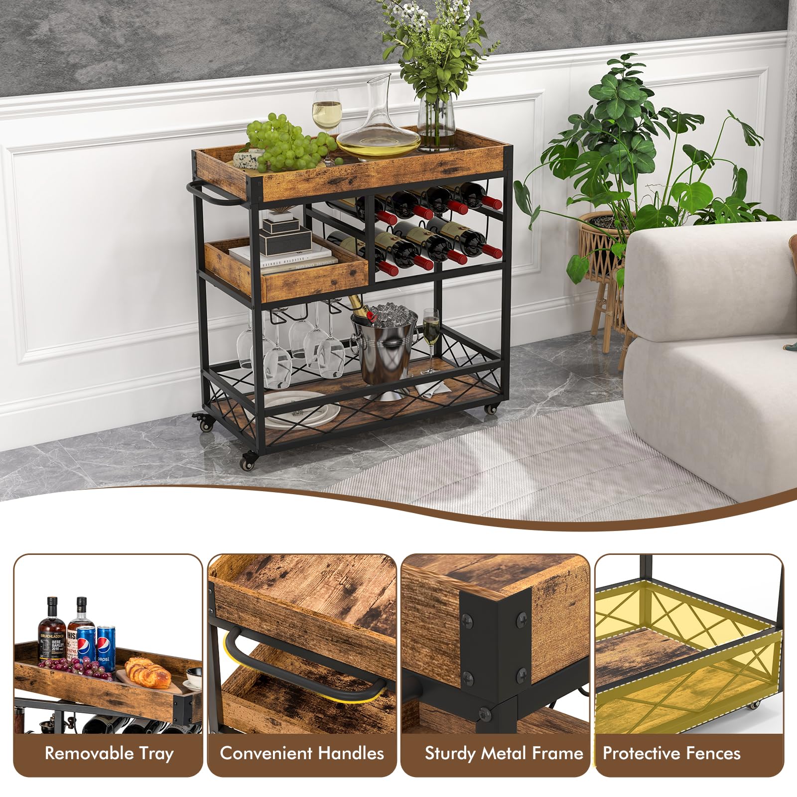 Giantex Home Bar Serving Cart, 3-Tier Rolling Bar Cart with Removable Tray, Wine Rack & Glass Holder, Rustic Brown