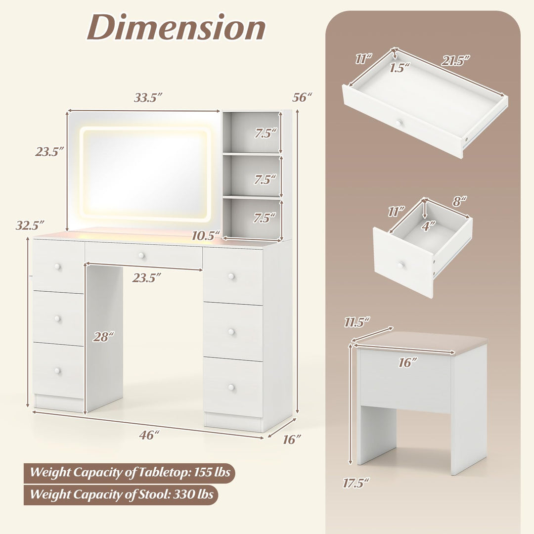 Giantex Large Vanity Desk with Lighted Mirror 46in White Makeup Table with 7 Drawers Charging Station