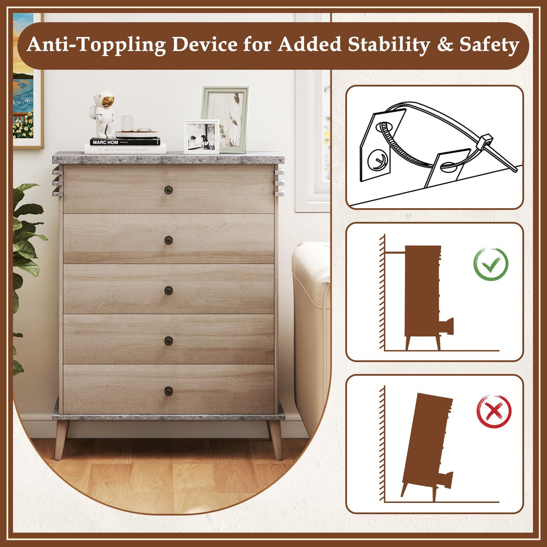 Giantex 5-Drawer Storage Cabinet with Rubber Wood Legs